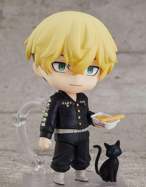 Nendoroid 108 Chifuyu Matsuno in black uniform holding a container of yakisoba with a black cat companion