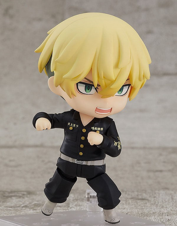 Nendoroid Manjiro Sano action figure in black gang uniform with gold accents mid-punch pose