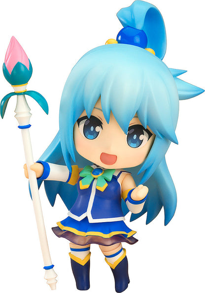 Good Smile Company KonoSuba Nendoroid Aqua 4th run action figure holding a staff wearing blue and white outfit