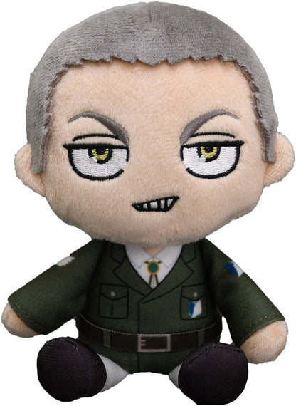 Front view of Connie plushie sitting upright with cheerful expression and Survey Corps uniform