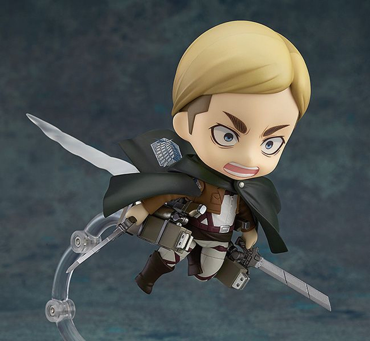 Nendoroid Erwin Smith from Attack on Titan 417 dynamic pose with sword ready green cape and brown uniform