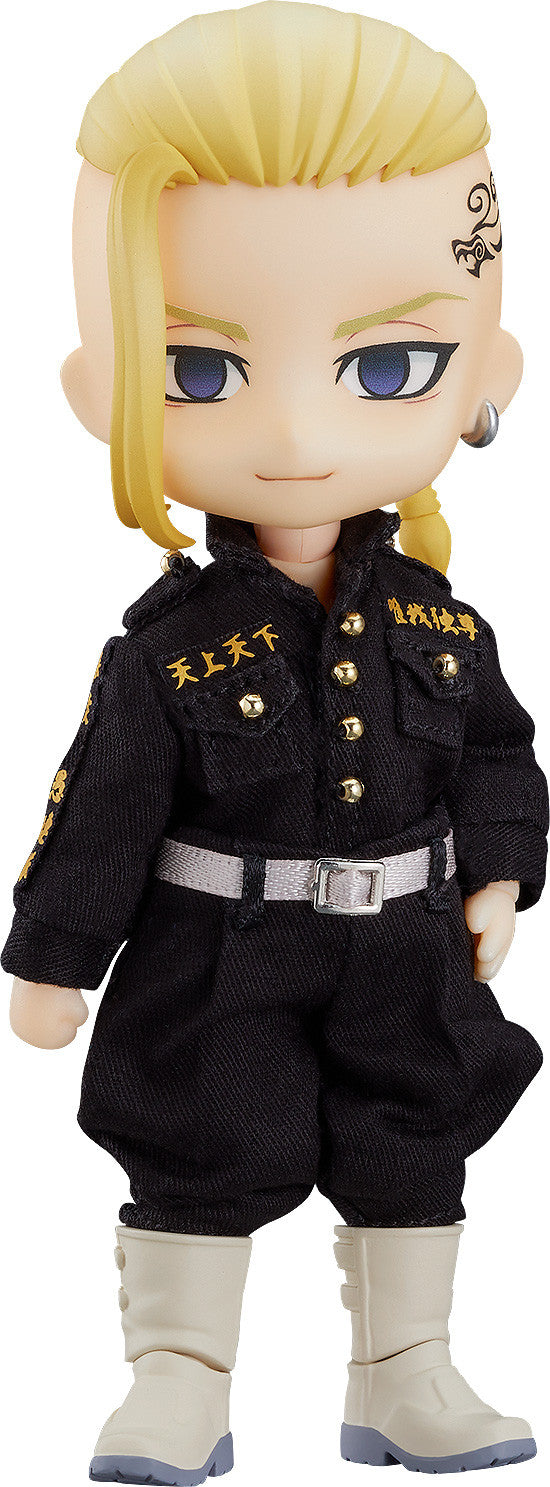 Tokyo Revengers Draken Ken Ryuguji Nendoroid Doll in black gang uniform with gold lettering and white boots