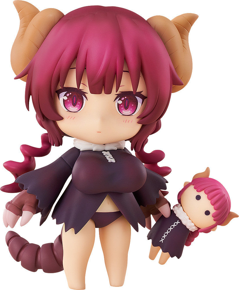 Small figure of a girl with pink hair and horns holding a smaller doll version of herself