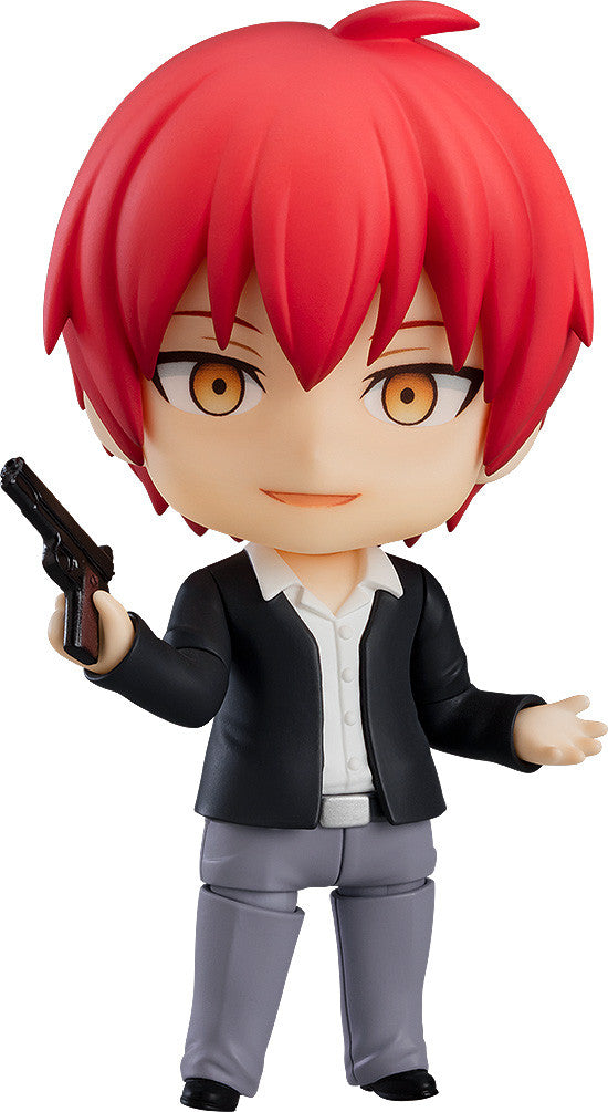 Front view of Karma Nendoroid smirking with hands in pockets, in school uniform