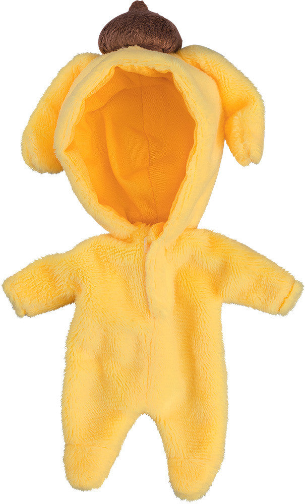 Yellow plush costume with hood and brown bobble on top