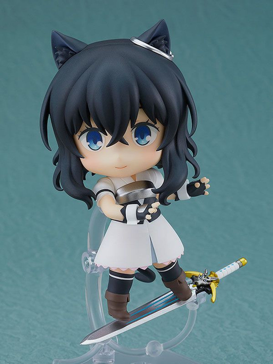 Nendoroid Fran from Reincarnated as a Sword with black hair and cat ears holding a detailed sword