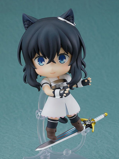 Nendoroid Fran from Reincarnated as a Sword with black hair and cat ears holding a detailed sword