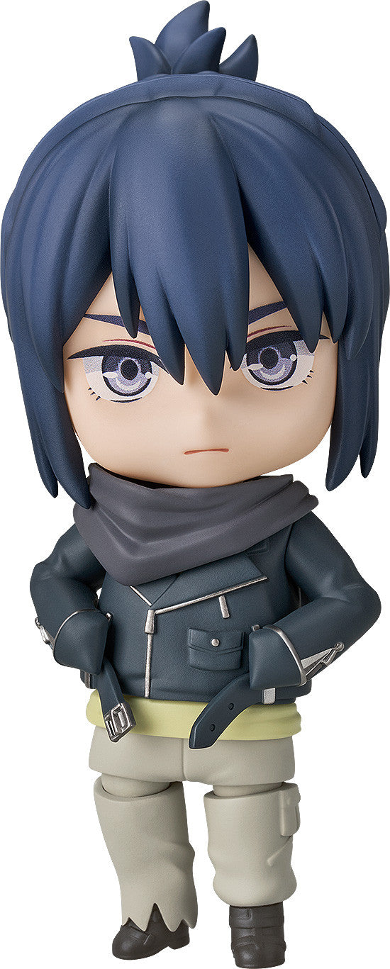 Nendoroid figurine of a character with dark blue hair a grey scarf dark grey jacket and light tan pants