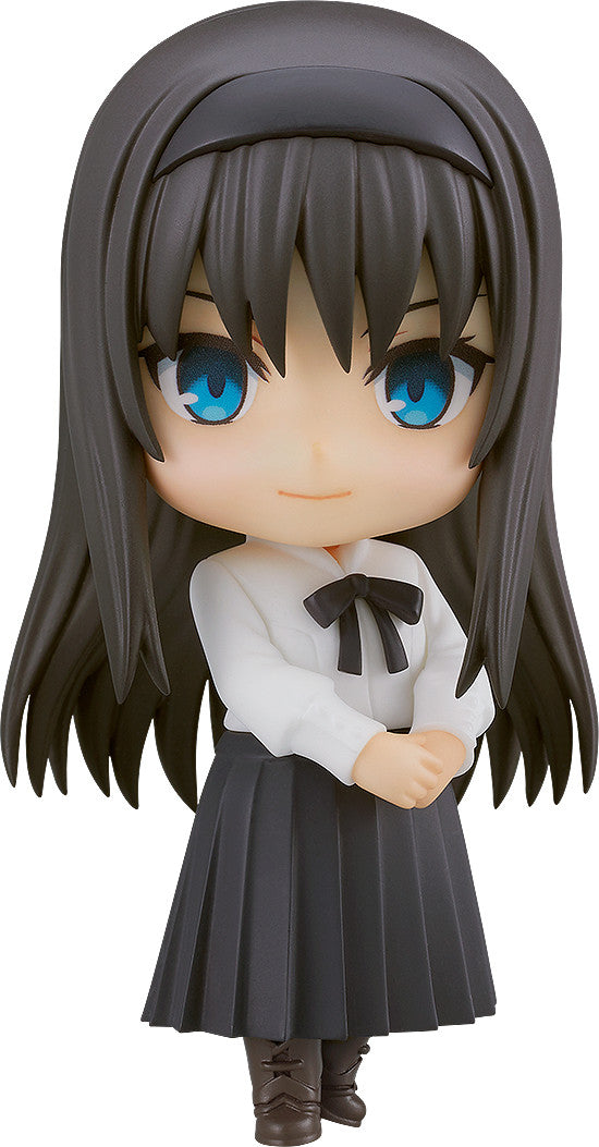 Nendoroid anime girl figure with dark hair blue eyes white shirt black bow tie black skirt and brown boots