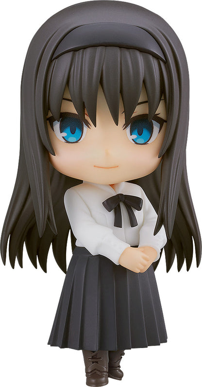 Nendoroid anime girl figure with dark hair blue eyes white shirt black bow tie black skirt and brown boots