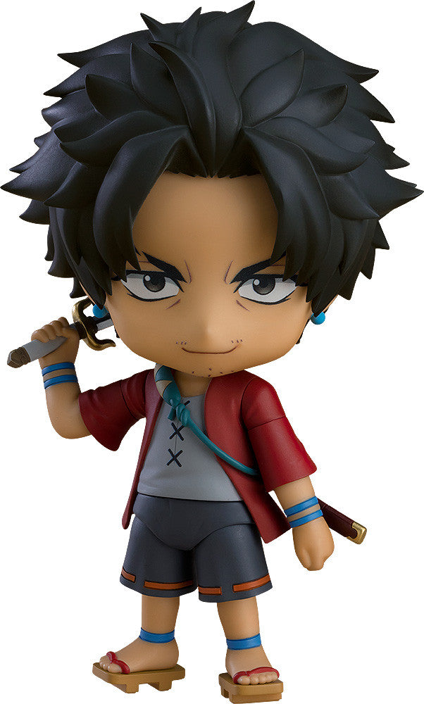 Chibi style figurine of a boy with spiky black hair wearing a red open jacket gray shirt dark shorts