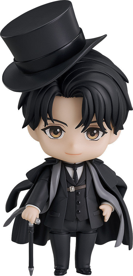 Full-body view of Klein Moretti in suit with top hat and spellbook in hand