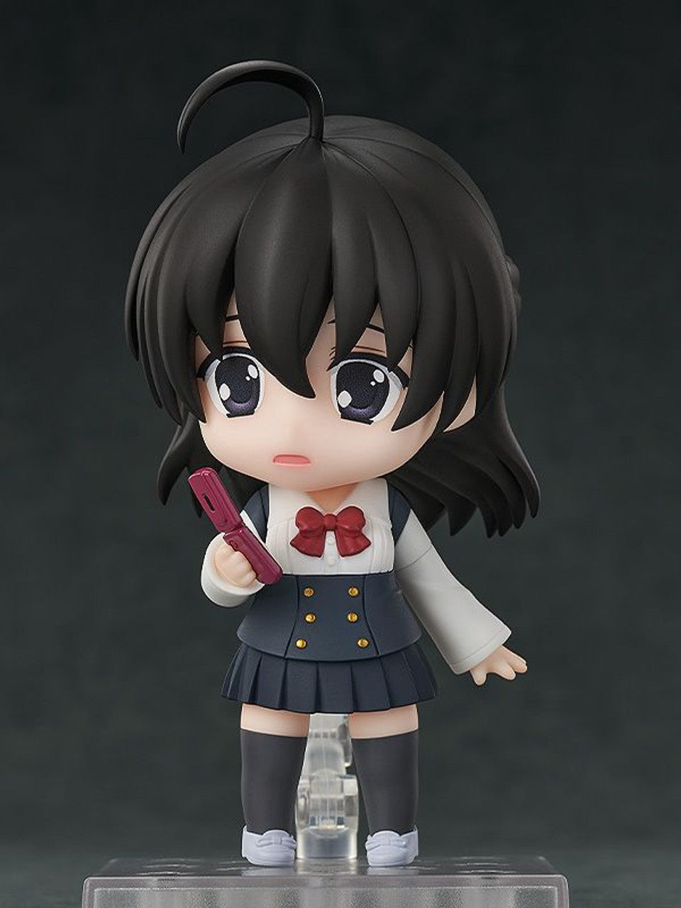 School Days Sekai Saionji Nendoroid figure holding a pink flip phone wearing a dark gray and white school uniform with red bow and black socks