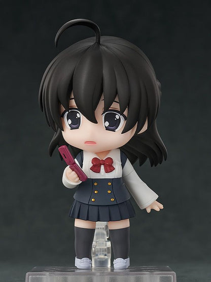 School Days Sekai Saionji Nendoroid figure holding a pink flip phone wearing a dark gray and white school uniform with red bow and black socks