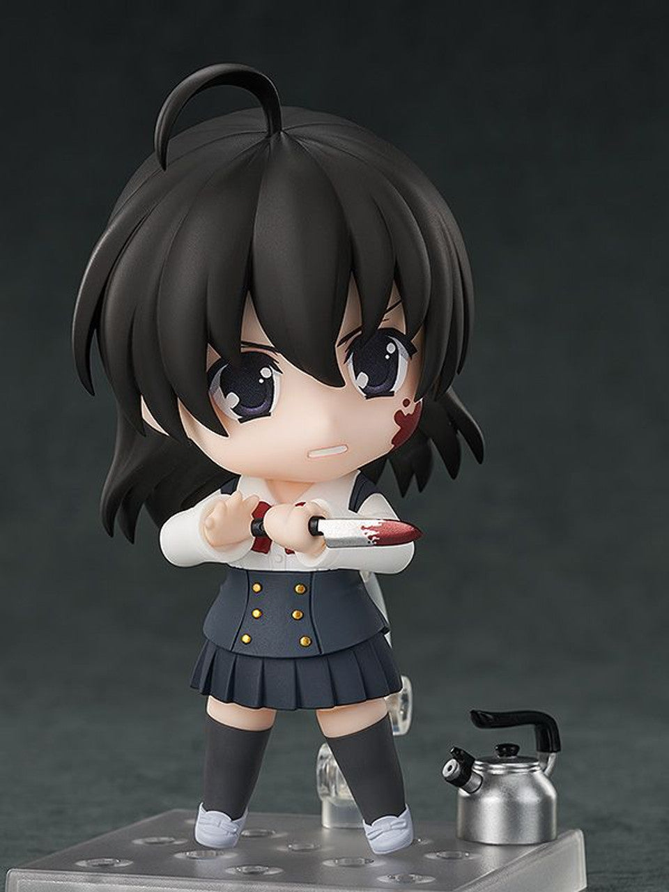 School Days Nendoroid Sekai Saionji action figure holding a bloody knife dressed in a navy blue school uniform