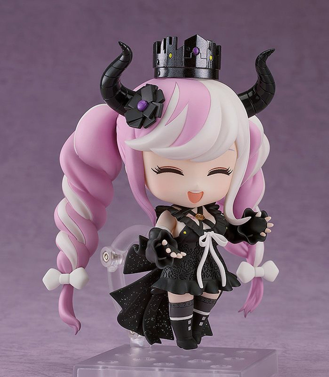 Master Detective Archives Rain Code Nendoroid Shinigami figure with black horns and pink and white twintails wearing a black dress and crown