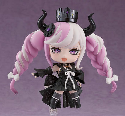 Master Detective Archives Rain Code Nendoroid Shinigami figurine with pink and white braids wearing black dress and crown