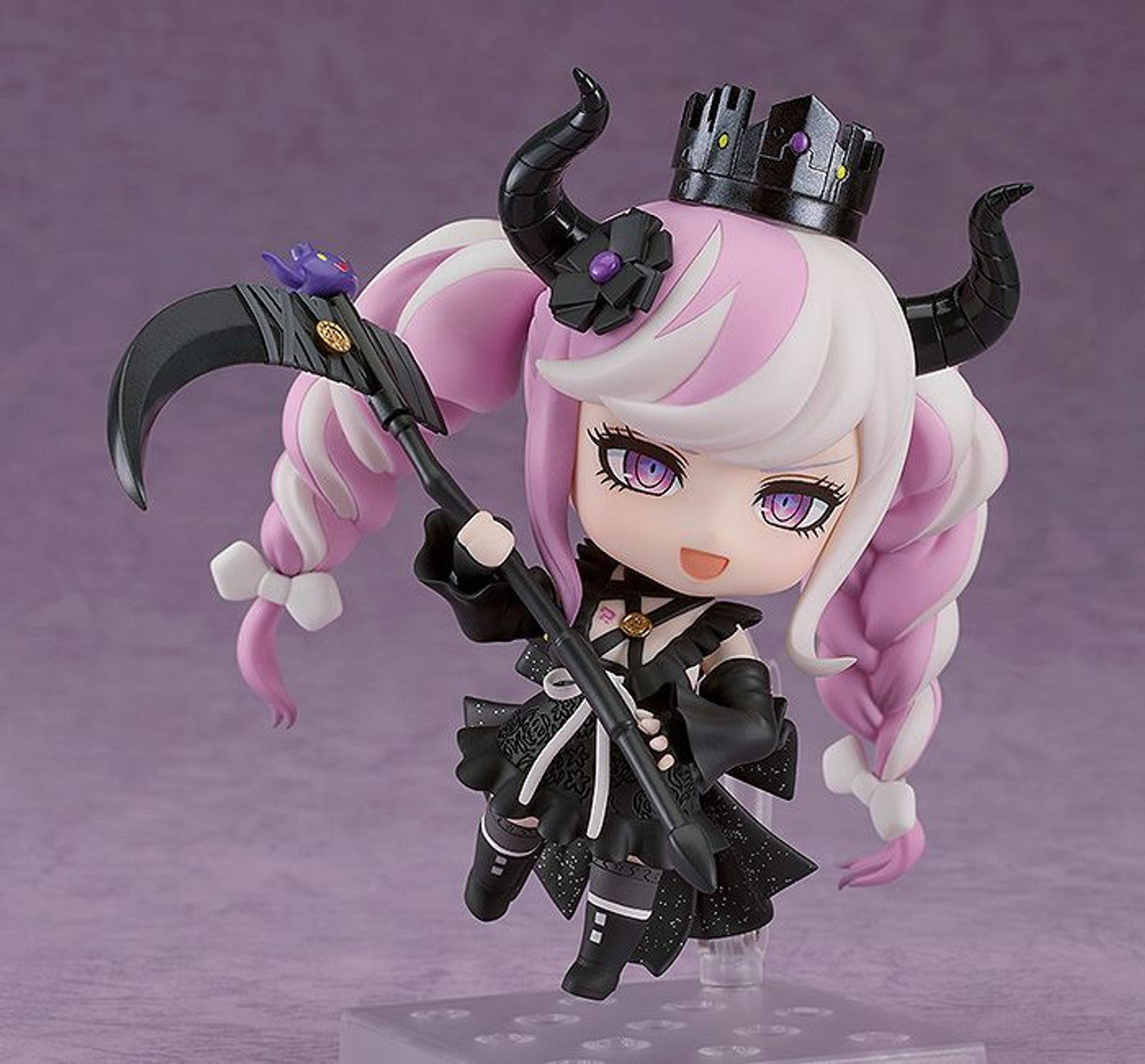 Master Detective Archives Rain Code Nendoroid Shinigami action figure with pink and white pigtails black crown and scythe