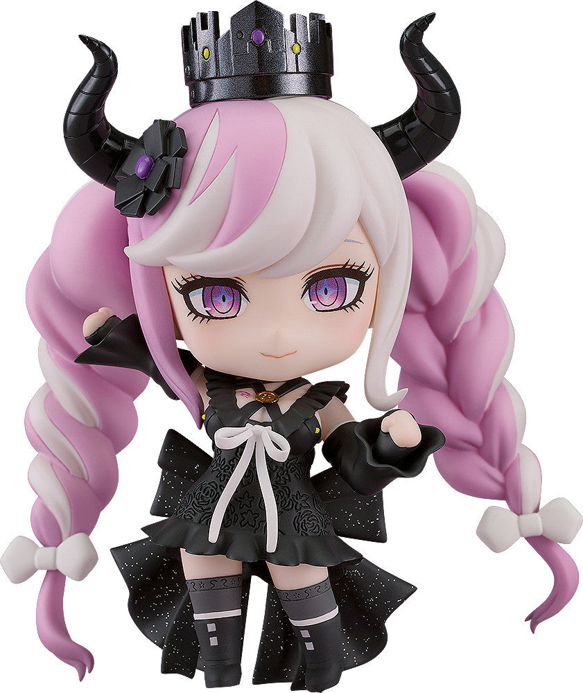 Master Detective Archives Rain Code Nendoroid Shinigami figure in black dress and crown with pink and white braided hair