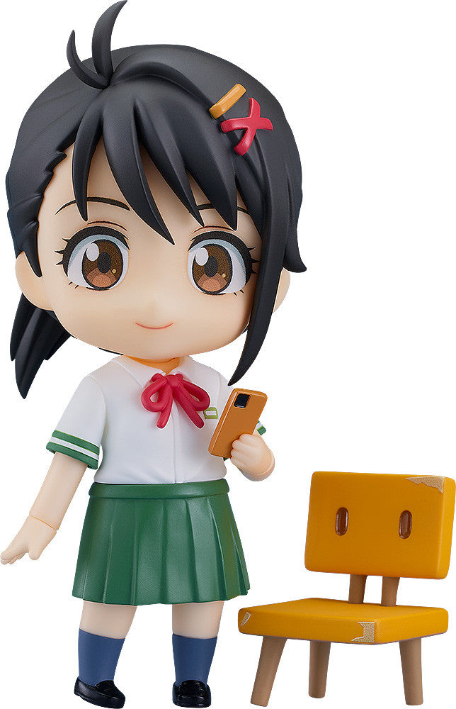 Nendoroid Suzume Iwato figure with orange phone and yellow chair accessories