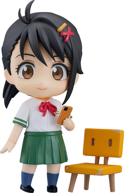 Nendoroid Suzume Iwato figure with orange phone and yellow chair accessories