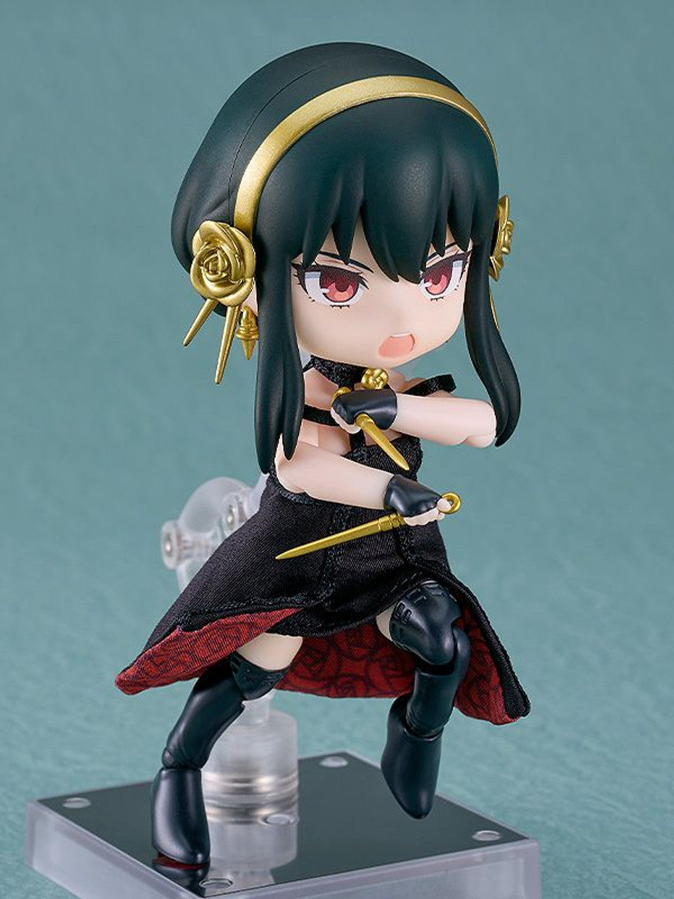 Spy x Family Yor Forger Nendoroid Doll in black dress with golden rose hair ornaments and holding gold knives