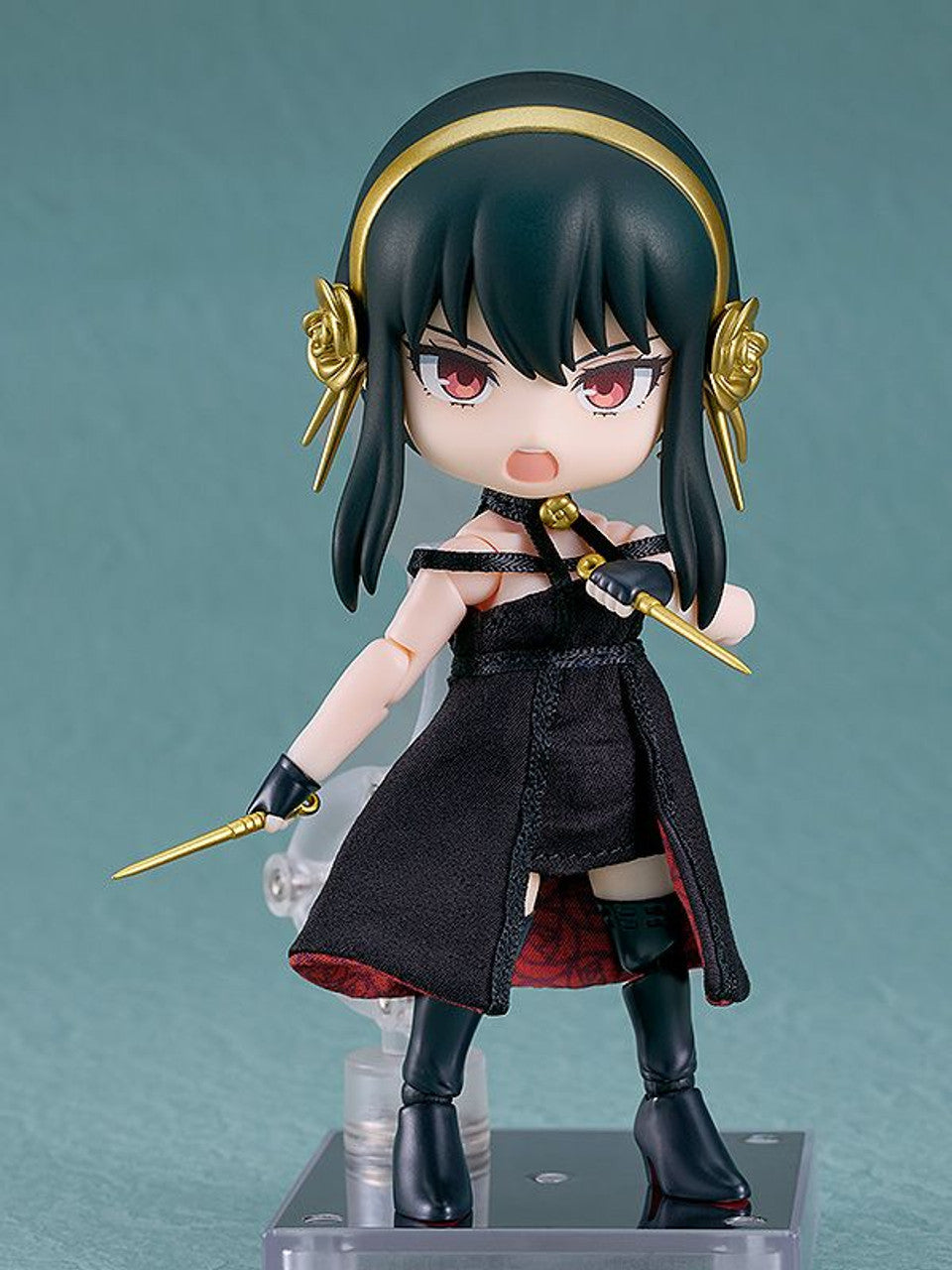Spy x Family Yor Forger Nendoroid Doll with black dress and golden hair accessories holding two golden needles