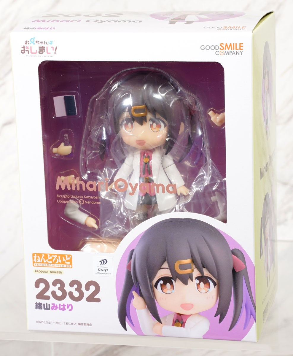 Nendoroid Mihari Oyama from Onimai I'm Now Your Sister in a white lab coat holding interchangeable hands inside a clear product box
