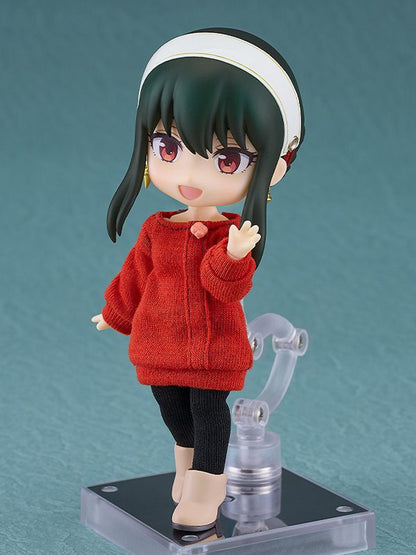 Spy x Family Nendoroid Doll Yor Forger Casual Outfit Ver with long black hair and red eyes wearing a white headband red sweater and black tights waving