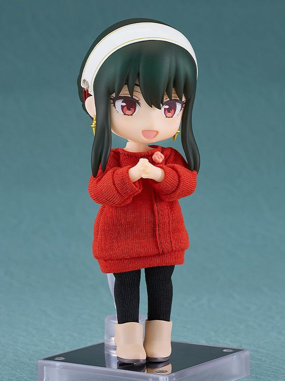 Spy x Family Nendoroid Doll Yor Forger Casual Outfit Dress Version featuring Yor in a red knit dress black leggings and tan boots