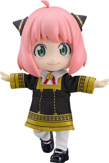 Spy x Family Nendoroid Doll Anya Forger in black and gold uniform striking a dynamic pose on a white background