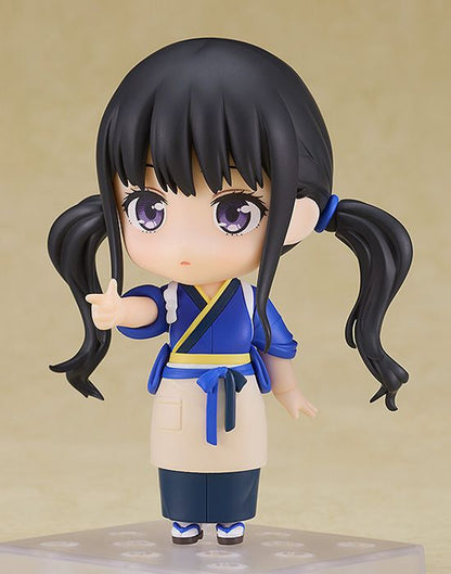 Lycoris Recoil Nendoroid of Takina Inoue in Cafe LycoReco uniform featuring blue jacket and skirt with beige apron pointing forward