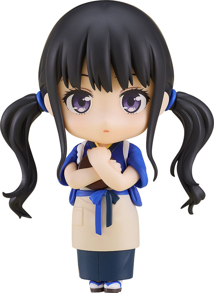 Lycoris Recoil Nendoroid Takina Inoue in cafe uniform holding a coffee mug with purple eyes and black pigtails