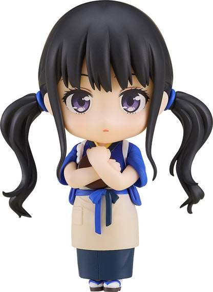Lycoris Recoil Nendoroid Takina Inoue in cafe uniform holding a coffee mug with purple eyes and black pigtails