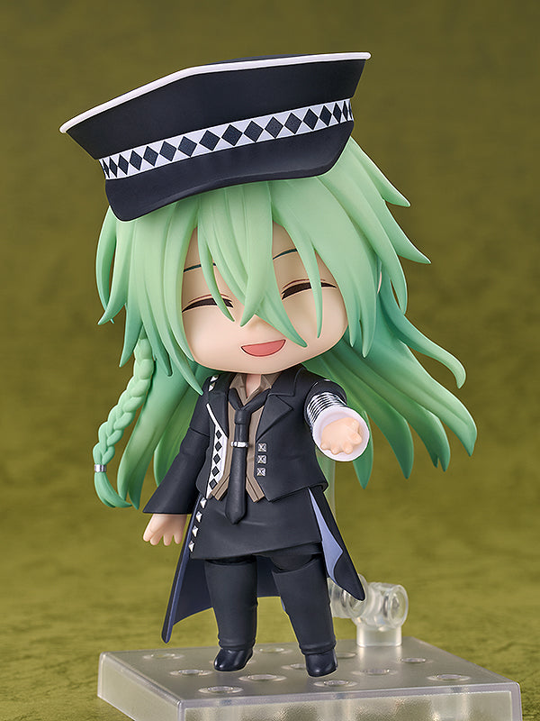 Amnesia Ukyo Nendoroid anime figure with green hair and black captain&#39;s hat standing on a clear base