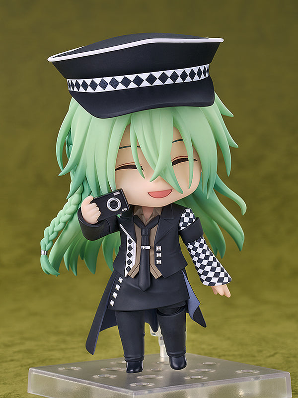 Amnesia Ukyo Nendoroid figure in a black and checkered outfit with light green hair and camera