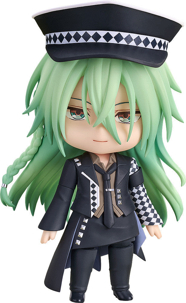 Amnesia Ukyo Nendoroid figure with vibrant green hair wearing a black and white diamond patterned hat black jacket with studs and a brown shirt and black tie standing on a white background