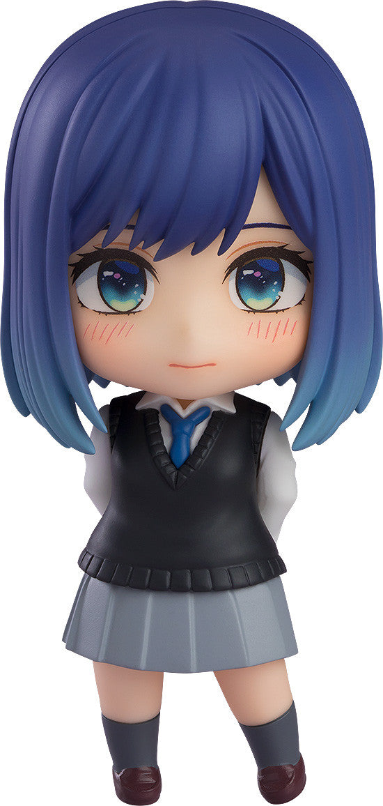 Oshi No Ko Nendoroid Akane Kurokawa figure with short blue hair and school uniform smiling