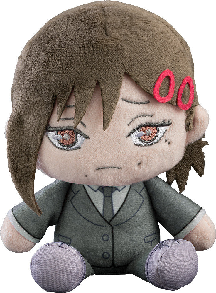 A plush doll of Kobeni character from Chainsaw Man with brown hair, bangs, and a weary expression