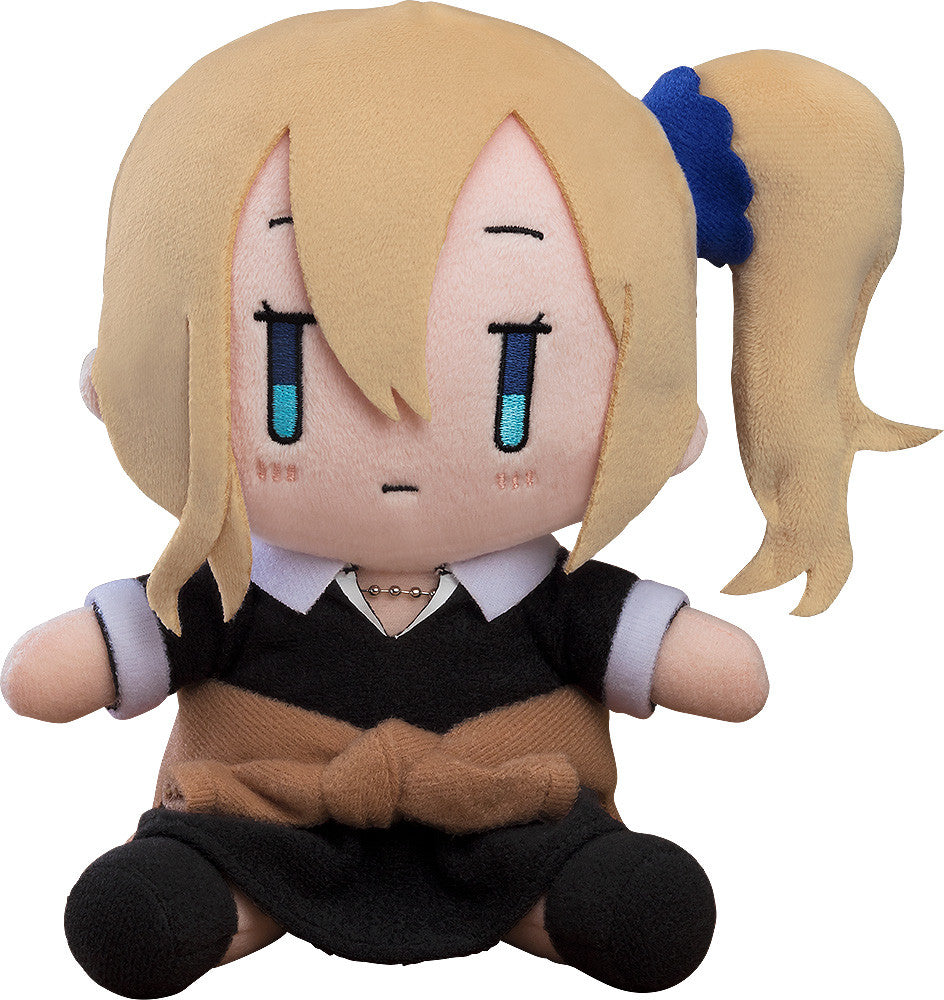 Kaguya-sama Love is War Ai Hayasaka plush toy featuring blonde pigtails and a blue scrunchie wearing a black and brown dress with a white collar