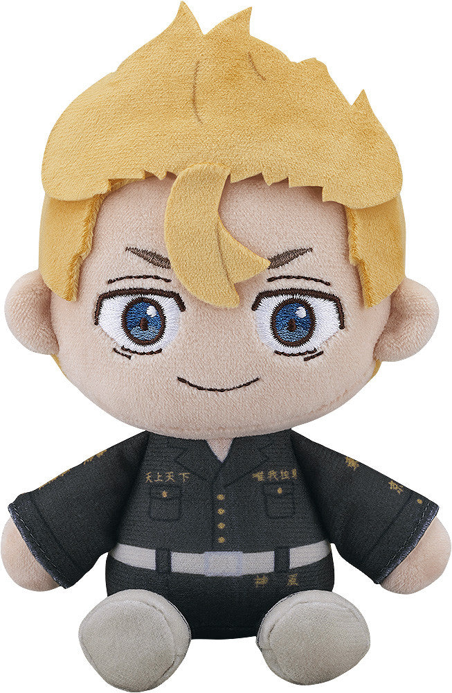 Tokyo Revengers Chibi Takemichi Hanagaki plushie dark gray Toman uniform with gold accents spiky blonde hair bright blue eyes sitting pose