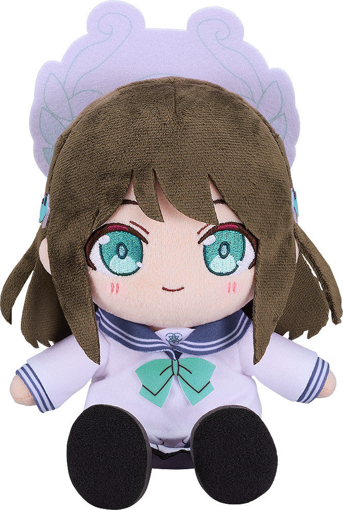 Blue Archive Airi plushie with pink hair, school uniform, and headband sitting upright