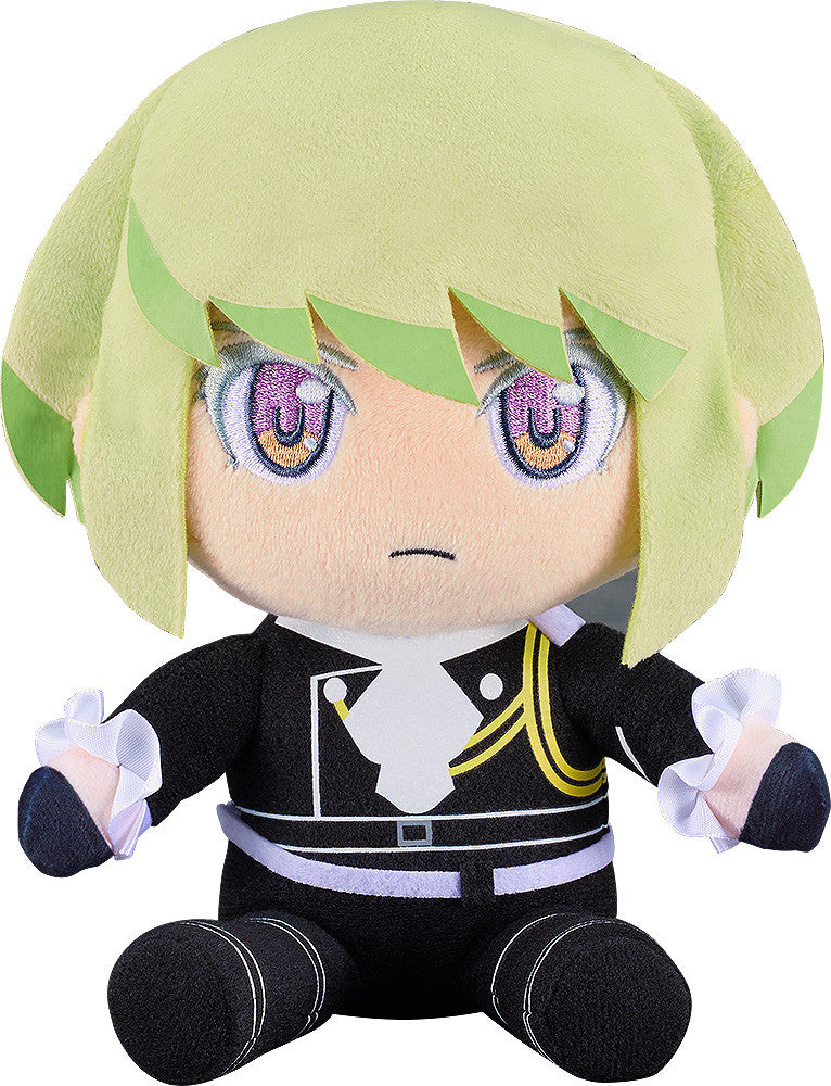 Plush toy of anime character with green hair, purple eyes, black uniform