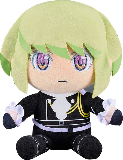 Plush toy of anime character with green hair, purple eyes, black uniform
