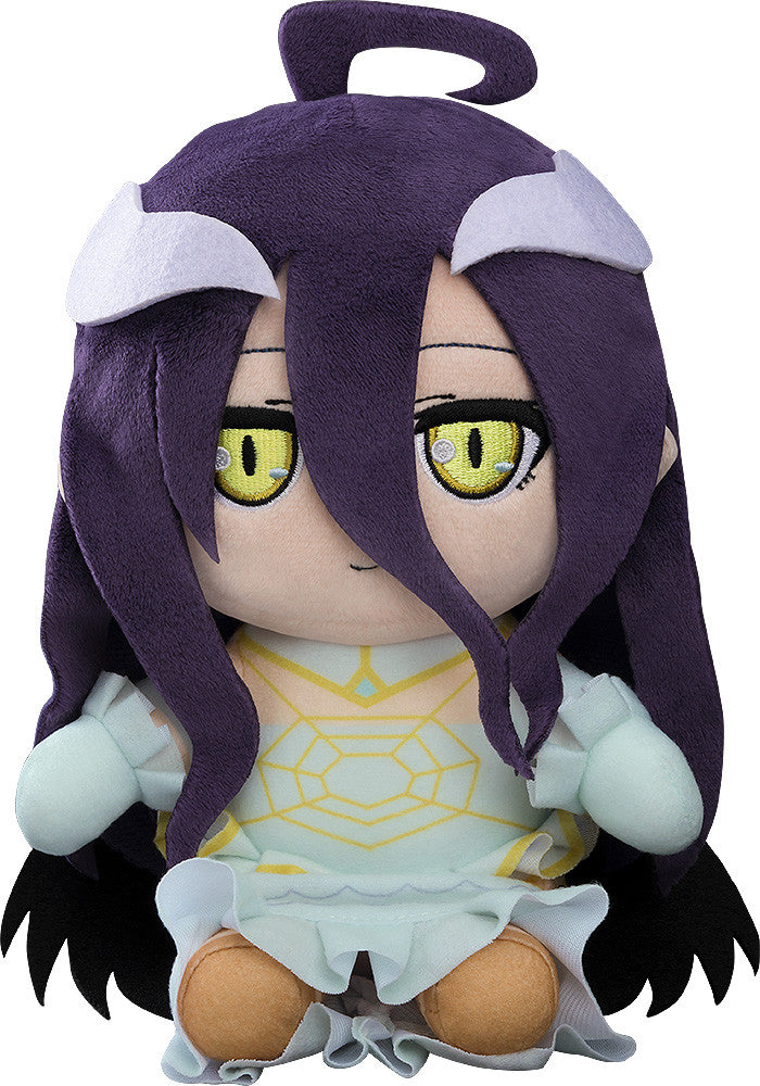 Albedo plush toy from Overlord, featuring dark purple hair, white horns, yellow eyes with vertical pupils, and a light green dress