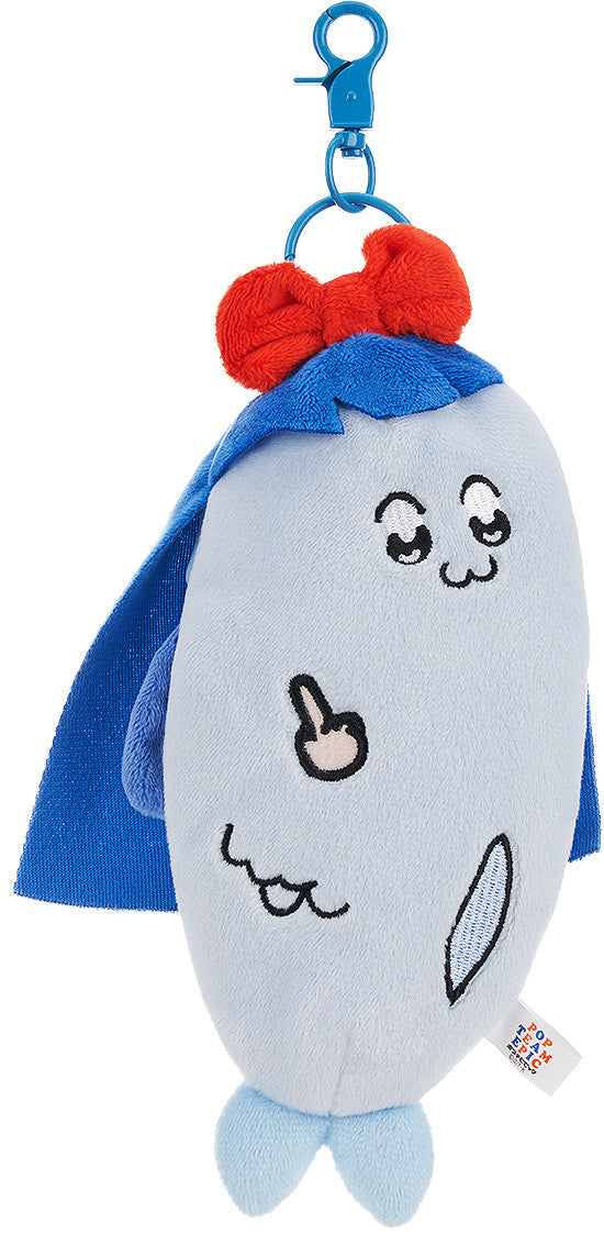 Pop Team Epic Pipimi plush keychain with blue lobster clasp a red bow blue cape and embroidered face displaying a middle finger gesture
