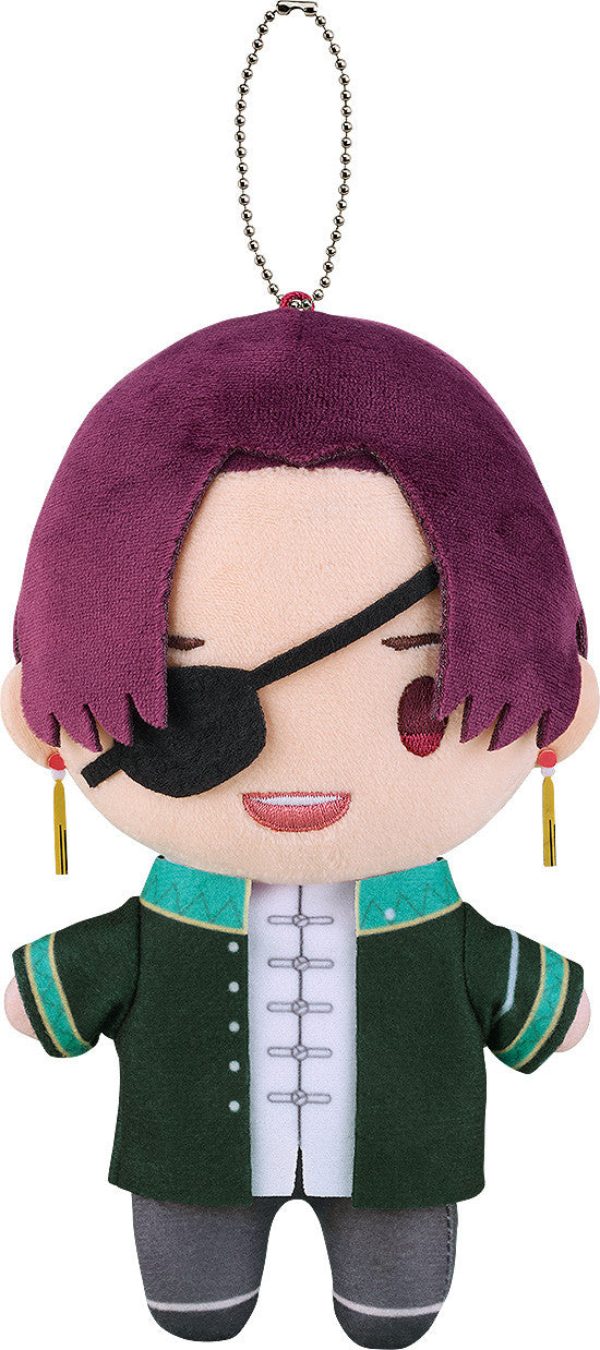 Anime plush with purple hair, eye patch, green jacket, gold earrings