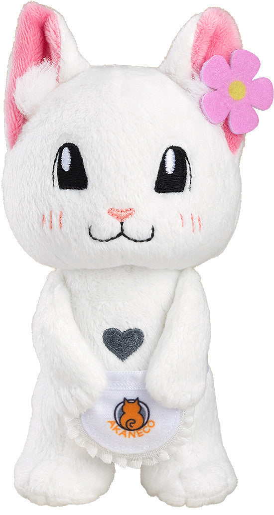 White cat plush with pink ears, a pink flower, blush, a gray heart, and a white frilly bib with &quot;AKANECO&quot; logo