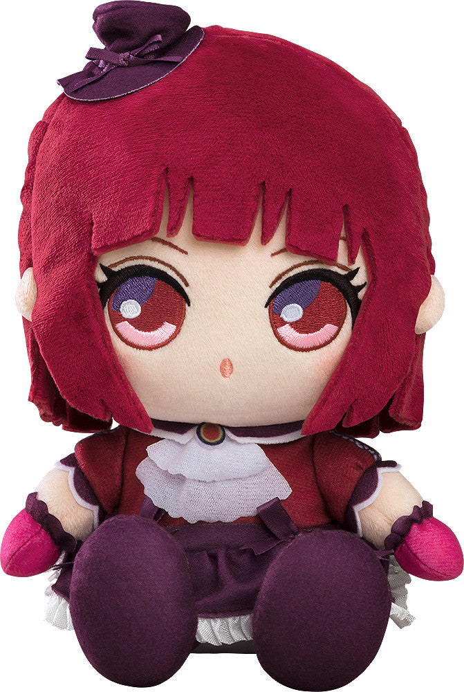 A sitting plush doll with red hair, large anime eyes, wearing a burgundy dress and small purple hat