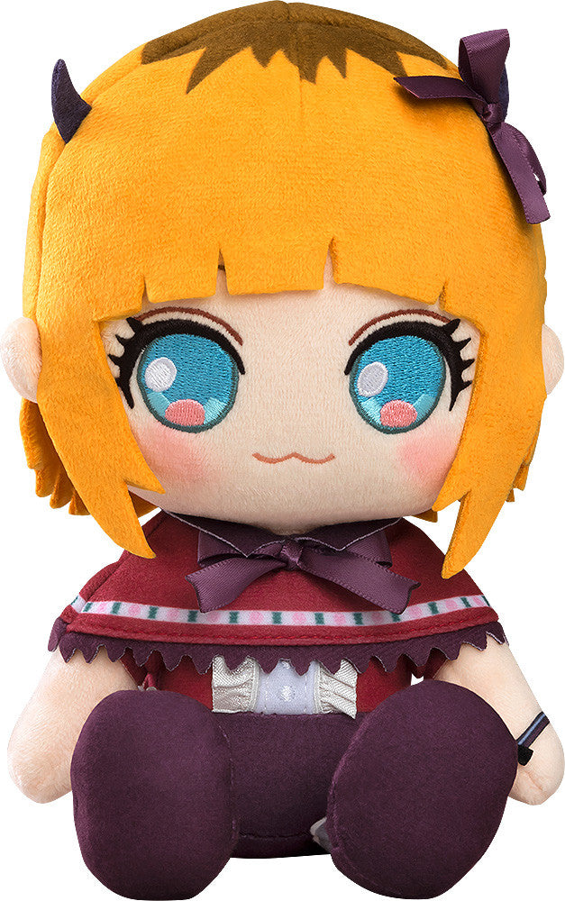 Anime girl plush doll with orange hair, blue eyes, tiny horns, wearing a red and purple dress, sitting